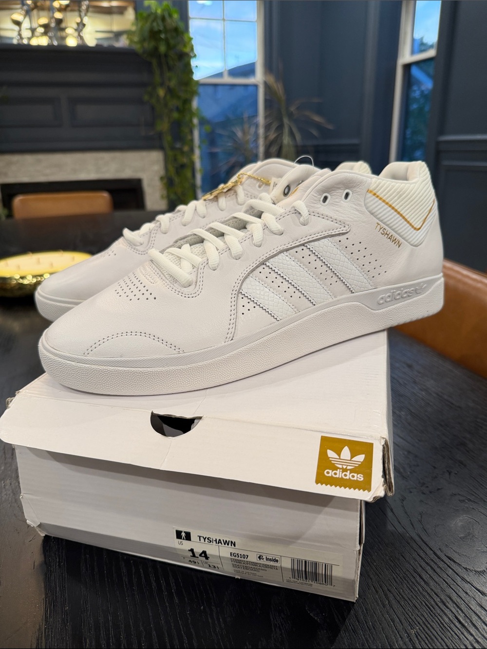 adidas White Tyshawn Leather Skate Sneakers with Gold Accents